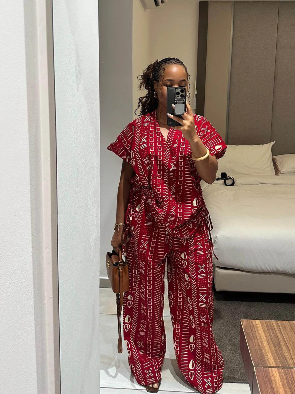 Women Stand Collar Short Sleeve Printed Wrap Top And Wide Leg Pants For Casual Streetwear Resort And Daily Occasion