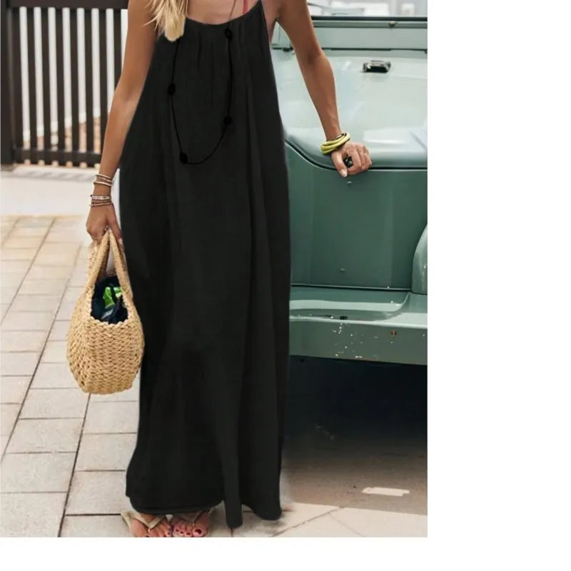 Pleated Halter Maxi Dress Elegant Women Dress Long Halter Sleeveless Backless Pleated Loose Beach Party Summer