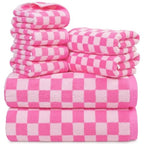 and White Towels Set of 8, Cute Checkered Towels for Bathroom Decor, 2 Bath, 2 Hand, 4 Washcloths, Cotton