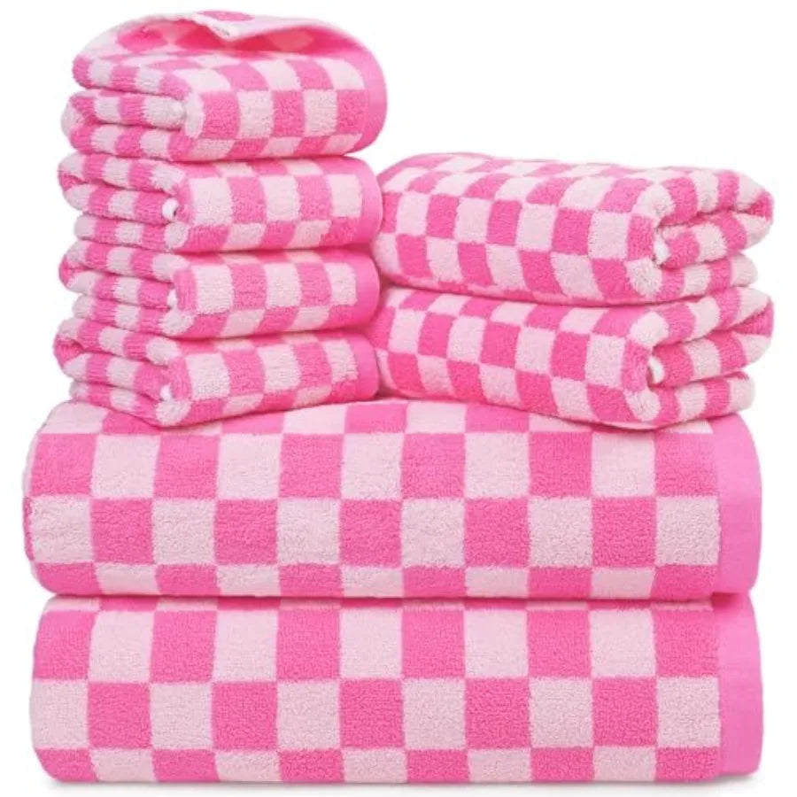 and White Towels Set of 8, Cute Checkered Towels for Bathroom Decor, 2 Bath, 2 Hand, 4 Washcloths, Cotton
