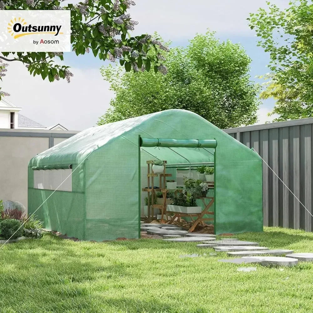 13ft x 10ft x 6.5ft Walk-in Greenhouse with Large Windows, Zippered Door, Galvanized Steel Frame, PE Cover