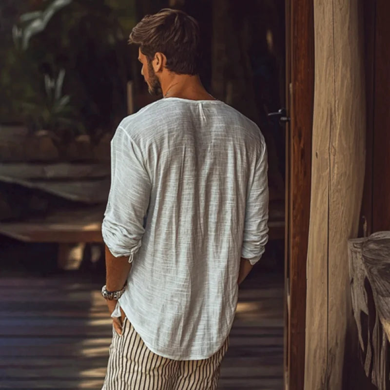 Summer Men Casual Slim Long Sleeve Shirt Linen Breathable V-neck Plus Size Daily Vacation Wear