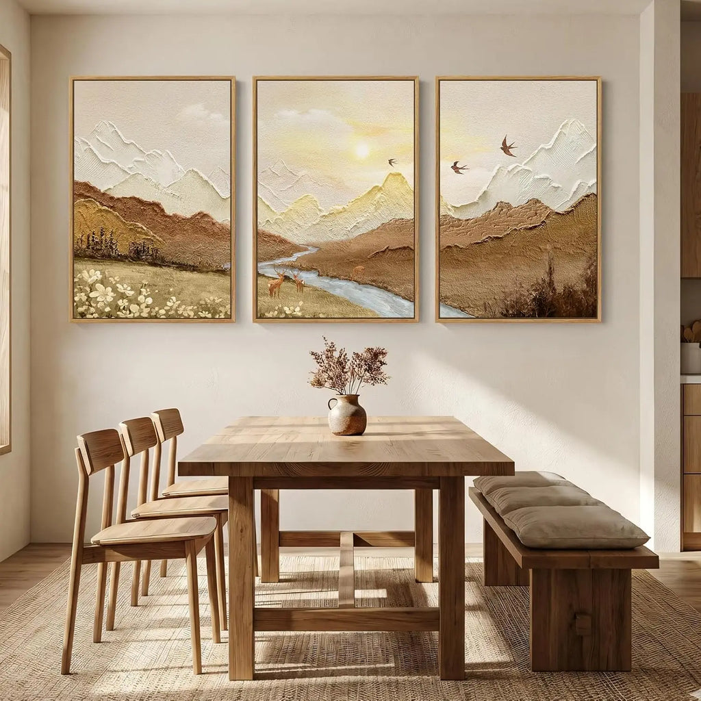 Set of 3 Framed Brown Neutral Sunset Mountain Landscape Canvas Wall Art Prints 24 X 36 Inch, Natural Scenery Artwork with River Deer Birds for Living Room Bedroom Office Indoor Home Wall Decor