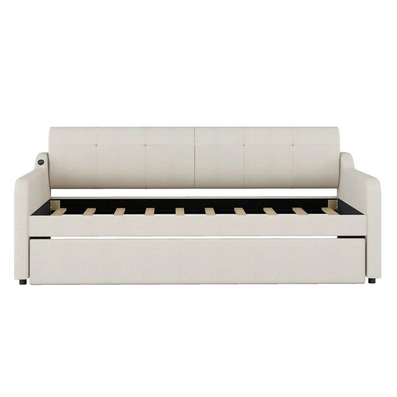 Beige Upholstered Daybed with Convertible Trundle and USB Charging Port