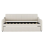 Beige Upholstered Daybed with Convertible Trundle and USB Charging Port