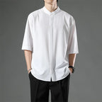Japanese Stand Collar Non Iron Stretch Shirt Men Summer Loose Solid Short Sleeve Business Casual Daily Office Commute Wear Top Gift