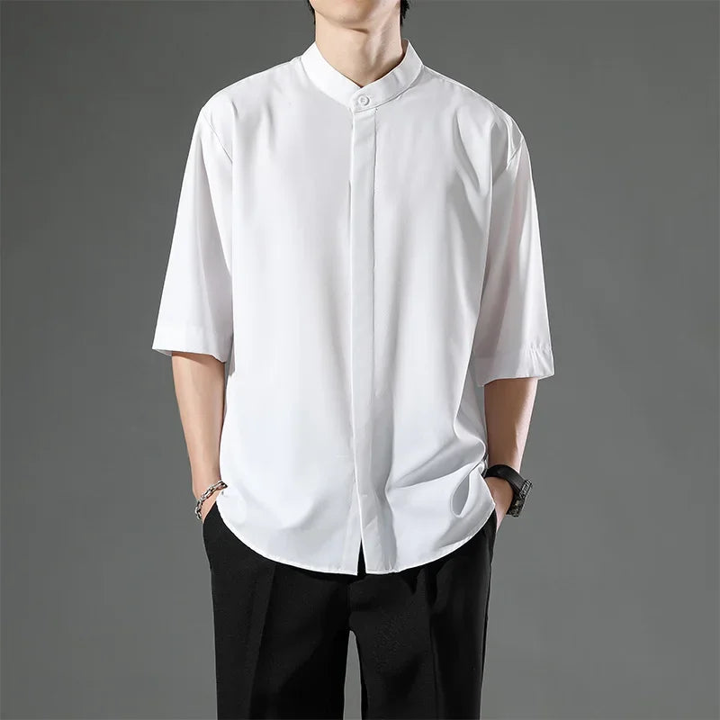 Japanese Stand Collar Non Iron Stretch Shirt Men Summer Loose Solid Short Sleeve Business Casual Daily Office Commute Wear Top Gift