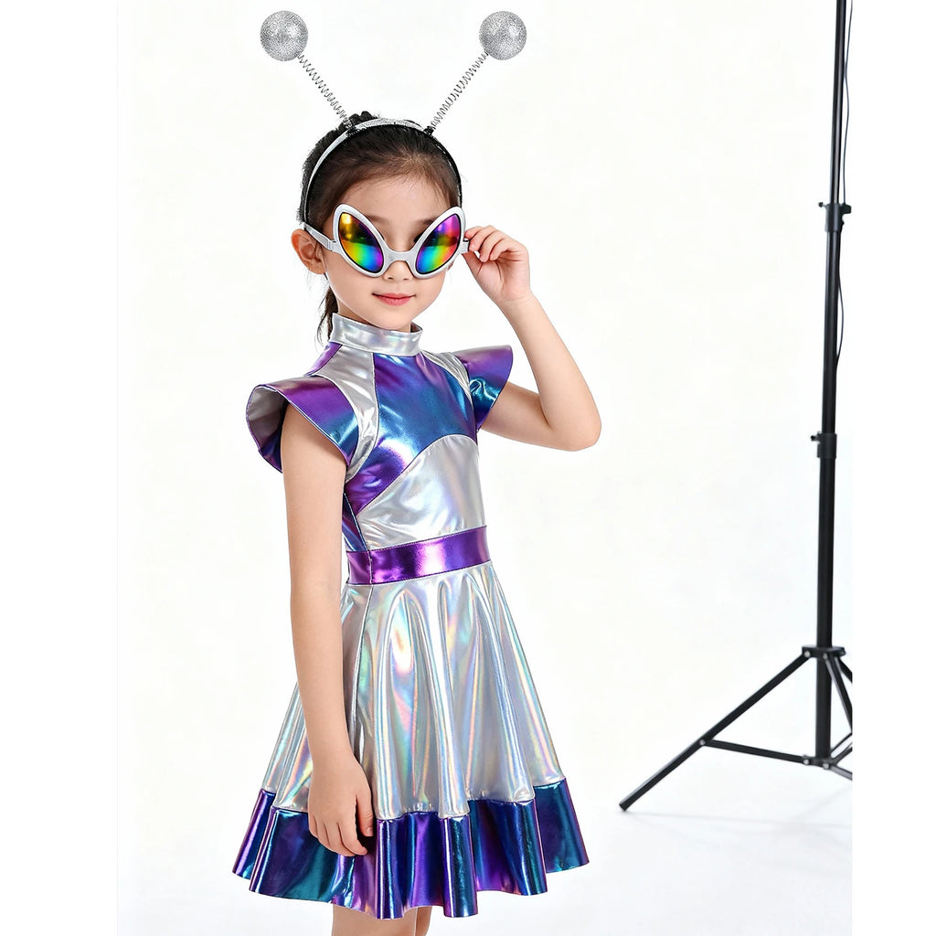 Toddler Baby Girls Alien Costume Dress Kids Shiny Metallic Space Themed Party Dress with Headband Glasses for Halloween Cosplay