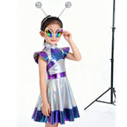 Toddler Baby Girls Alien Costume Dress Kids Shiny Metallic Space Themed Party Dress with Headband Glasses for Halloween Cosplay