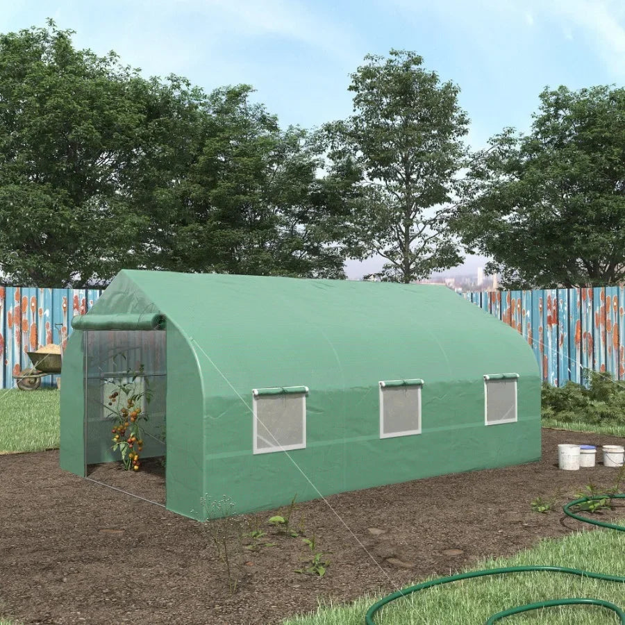 Outdoor High Tunnel Greenhouse for gardening, polyethylene-coated steel frame, deep green, portable with roll-up windows and ve