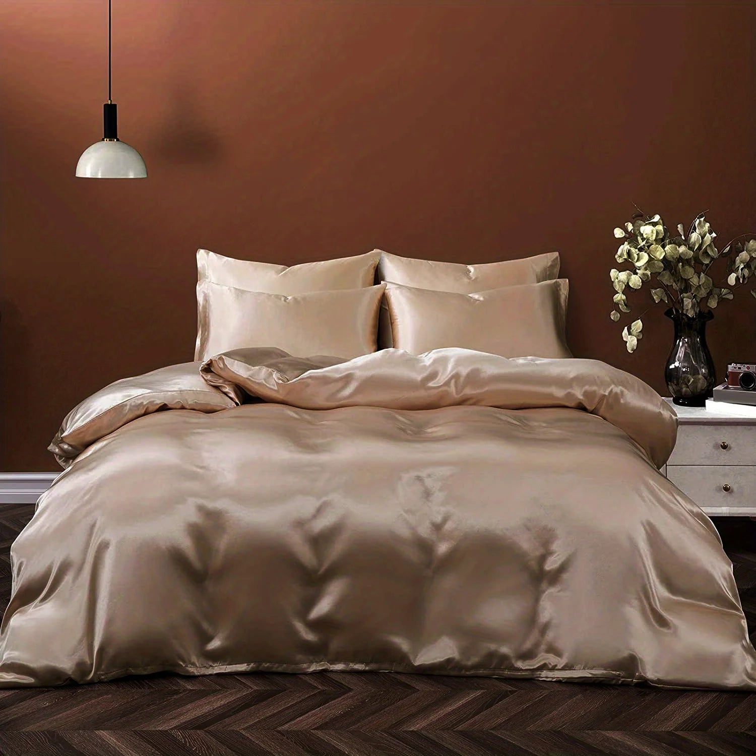 Satin Solid Color Ultra-Soft 3-Piece Duvet Cover Set, Cool and Super Soft Solid Color Bedding Set with Pillowcases, Skin-Friendly and Suitable for All Seasons, Bedroom Home Decor (Duvet Not Included)