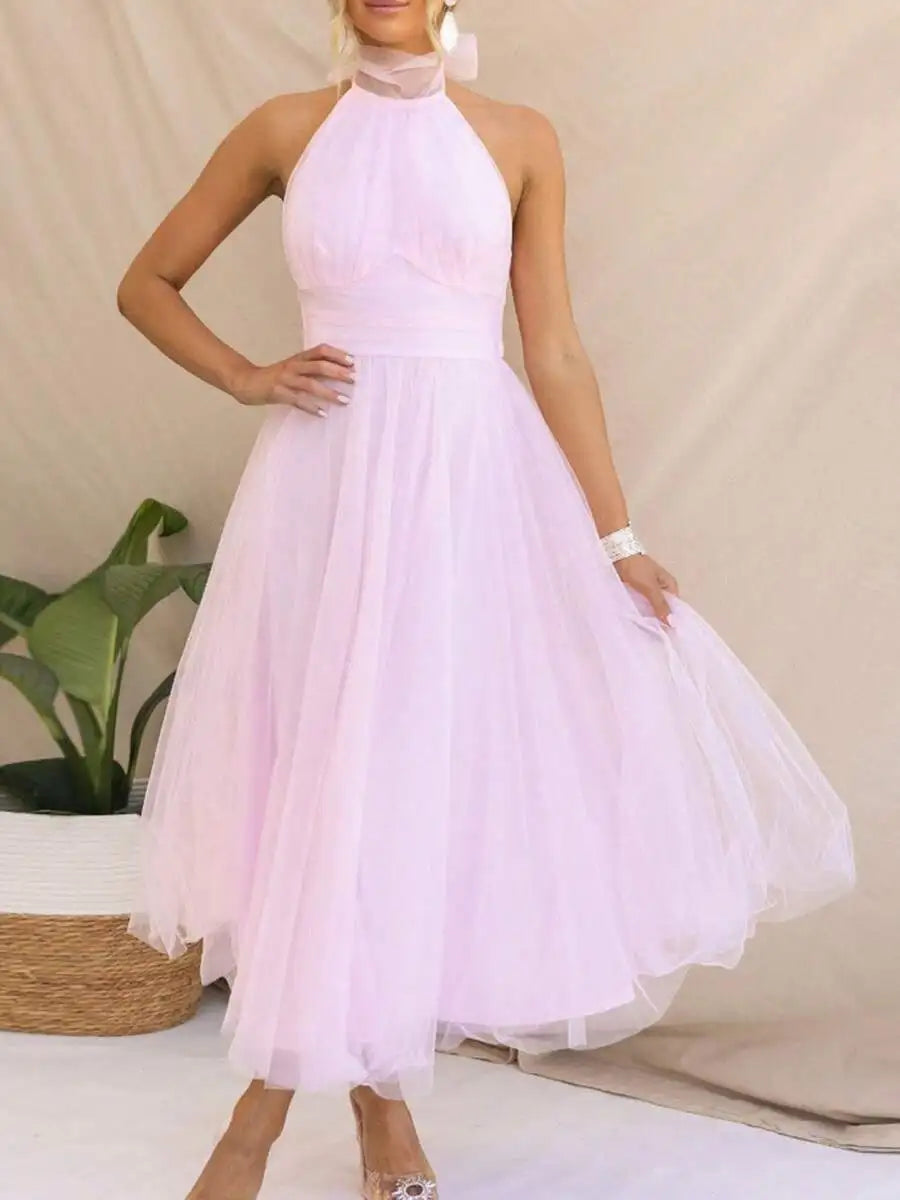 Women Backless Long Tulle Dress Adjustable Halter Neck High Waist Solid Party Wedding Dress
