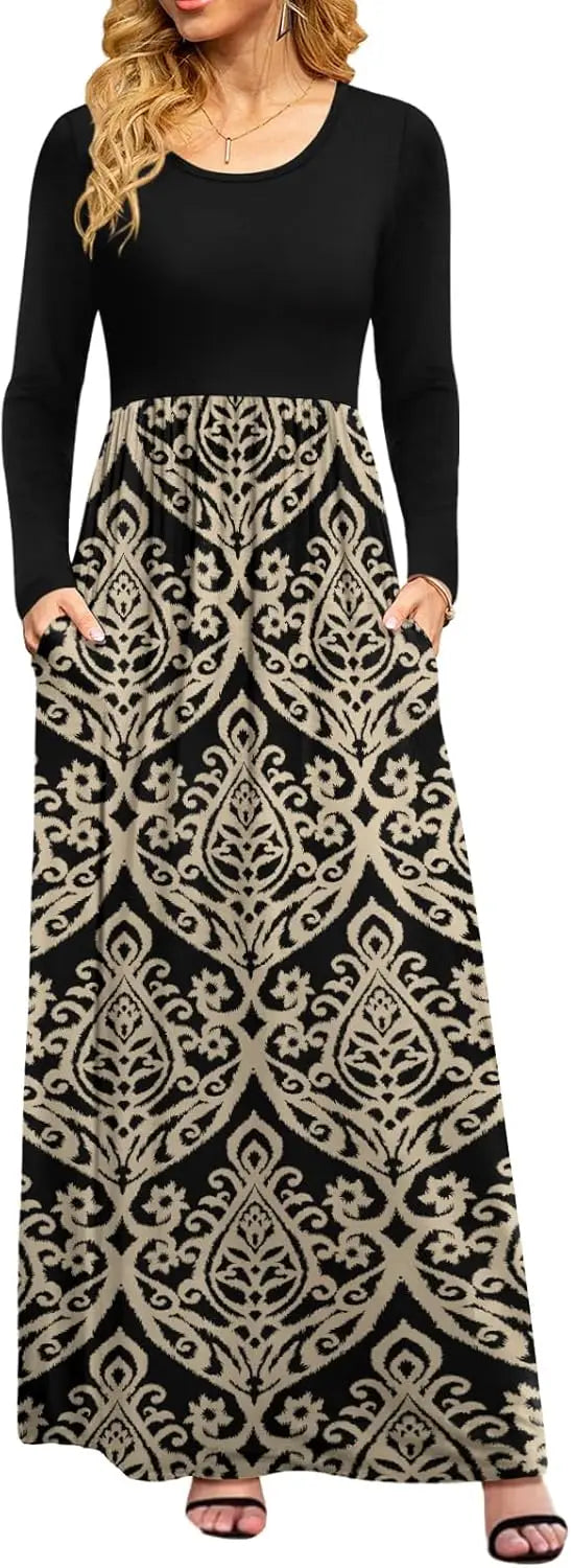 Women Casual Long Sleeve Maxi Dresses Empire Waist Long Dress with Pockets