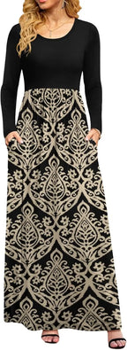 Women Casual Long Sleeve Maxi Dresses Empire Waist Long Dress with Pockets