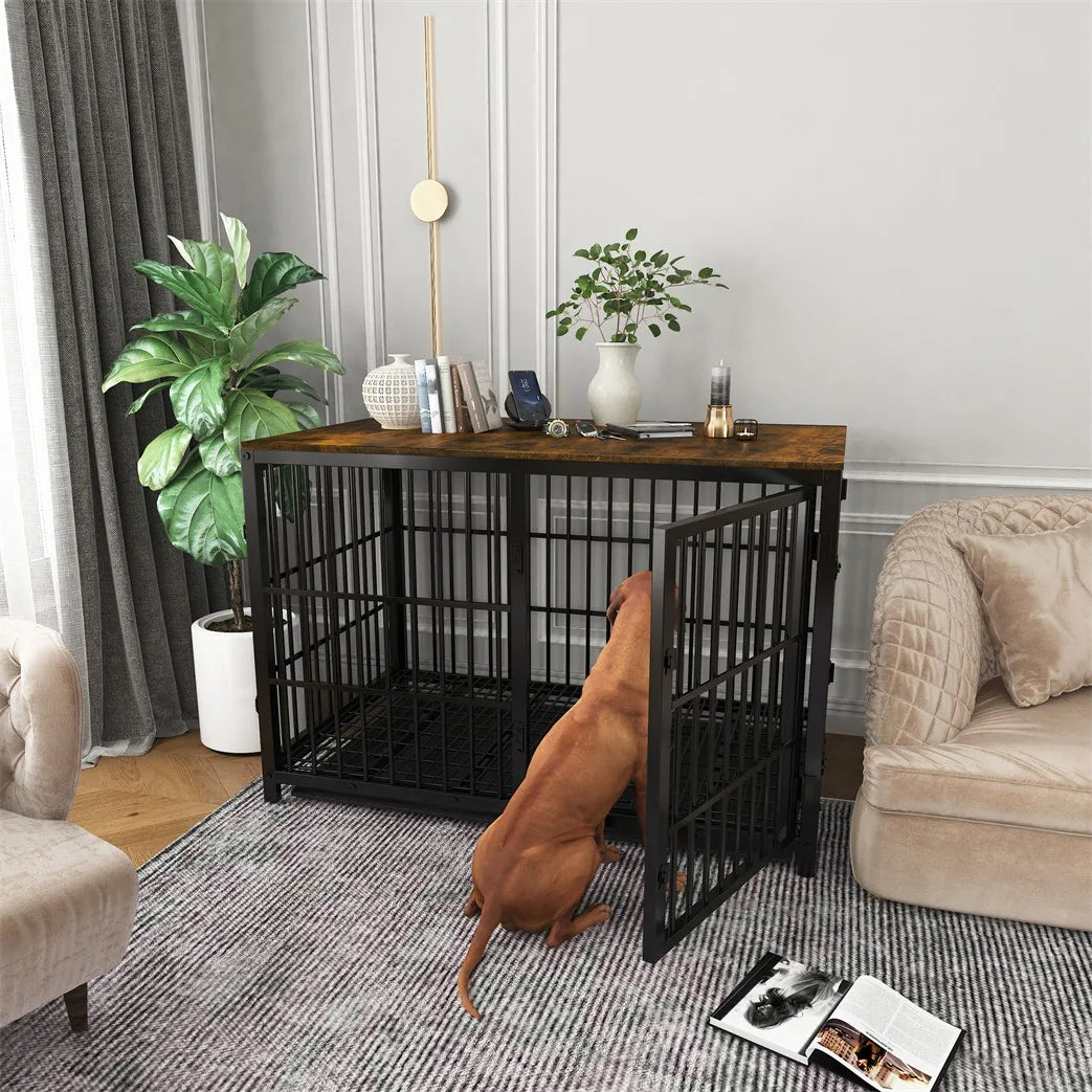 Large Wooden Dog Crate Indoor Furniture Style Elevated Pet Dog Cage Kennel End Table Lattice Playpen with 3 Doors Removable Tray