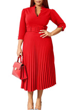 Womens V Neck Business Casual Shirt Dress With 3/4 Sleeves Pleated Midi Skirt And Belt