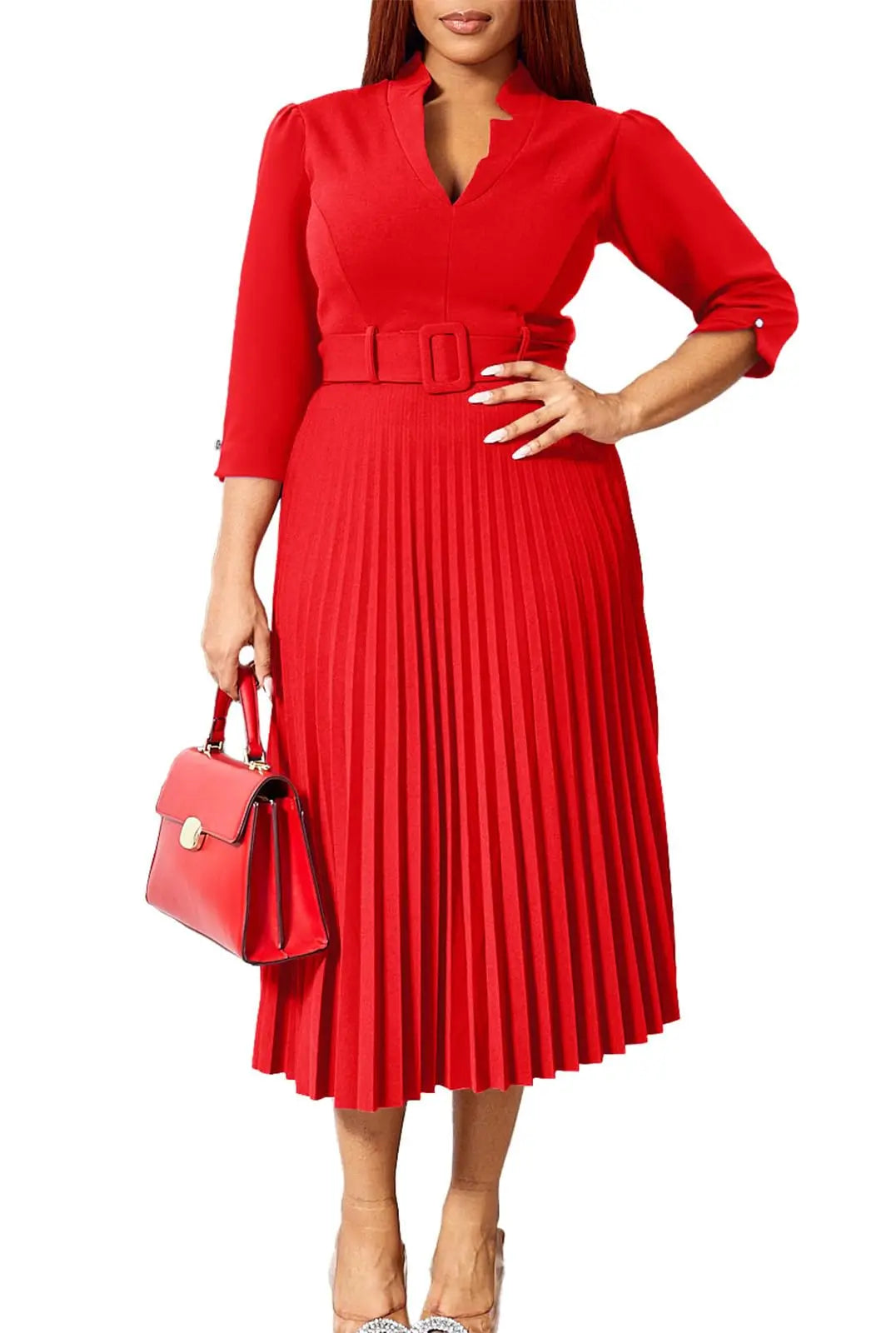 Womens V Neck Business Casual Shirt Dress With 3/4 Sleeves Pleated Midi Skirt And Belt