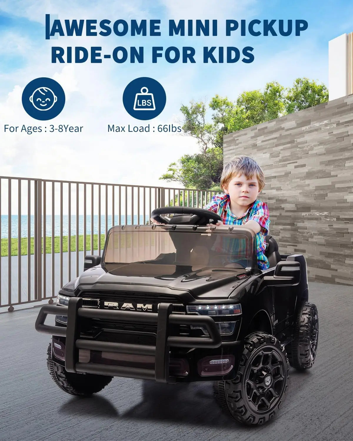 kids Ride On Cars, Licensed RAM 12V Electric Ride On Truck Car w/Remote Control, Electric Pickup Car for Toddlers, Spring Suspension, LED Lights, Music, Ride On Toys