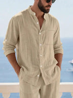 Mens Linen Stand Collar Long Sleeve Button-Up Shirt Loose Breathable Casual Beach Vacation Wear