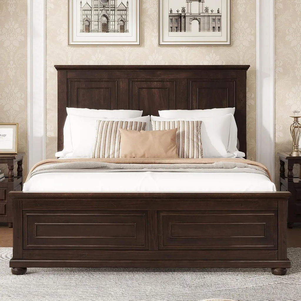 Farmhouse Queen Platform Bed Frame 46" Tall Headboard Solid Wood 2 Storage Drawers LED USB Charging No Box Spring Walnut Custom