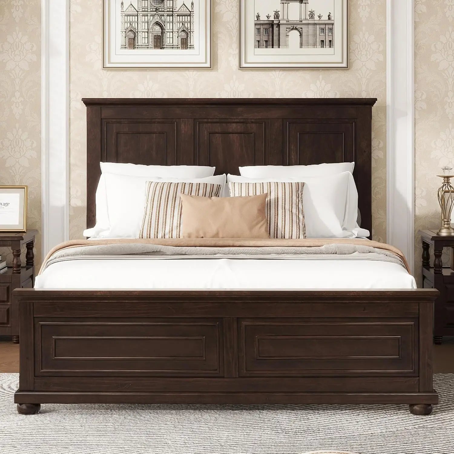 Farmhouse Queen Platform Bed Frame 46" Tall Headboard Solid Wood 2 Storage Drawers LED USB Charging No Box Spring Walnut Custom