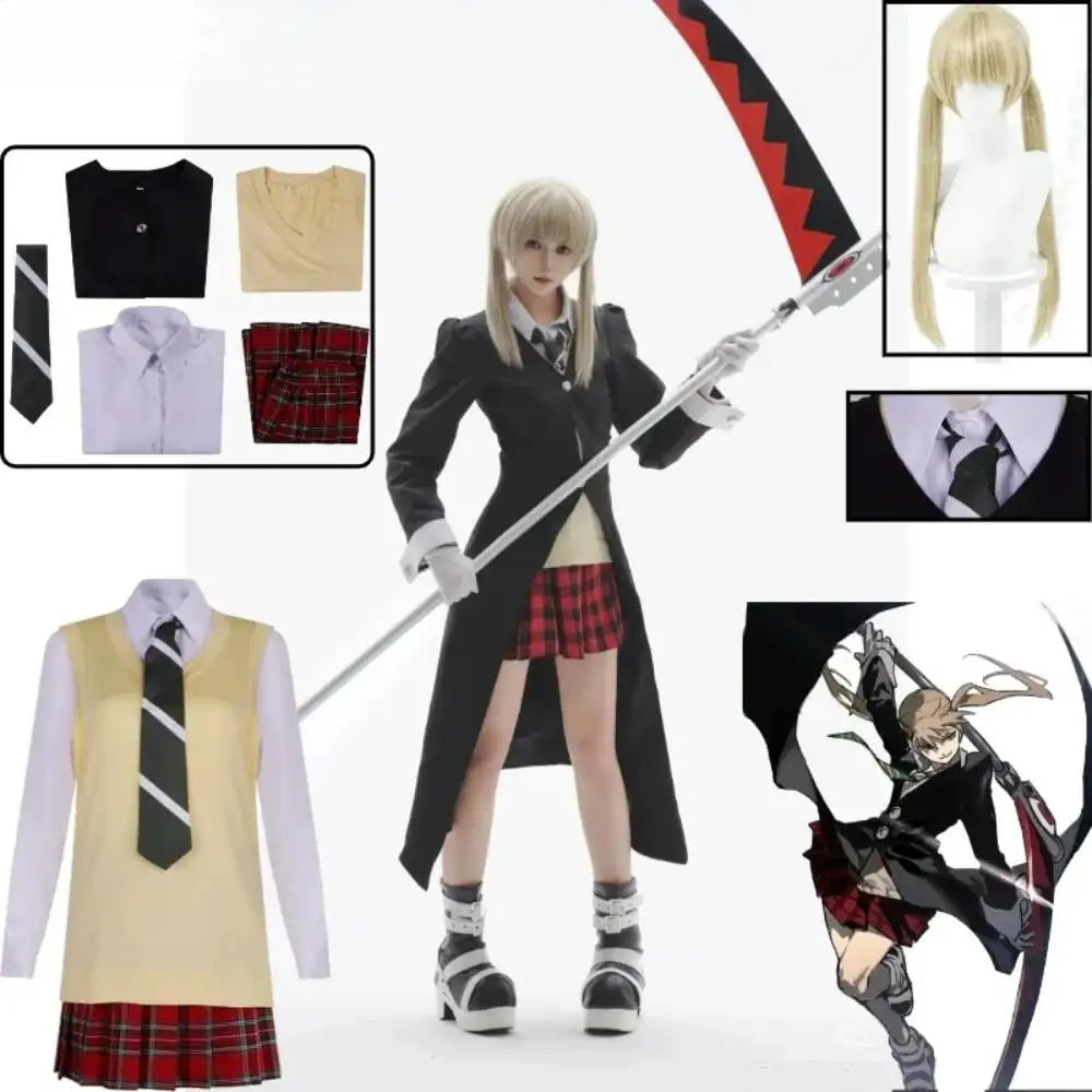 Maka Albarn Cosplay Costume Soul Eater MAKA Black Coat Combat Outfit Dress JK Sailor Uniform Shirt Wig Set For Women Comic Con