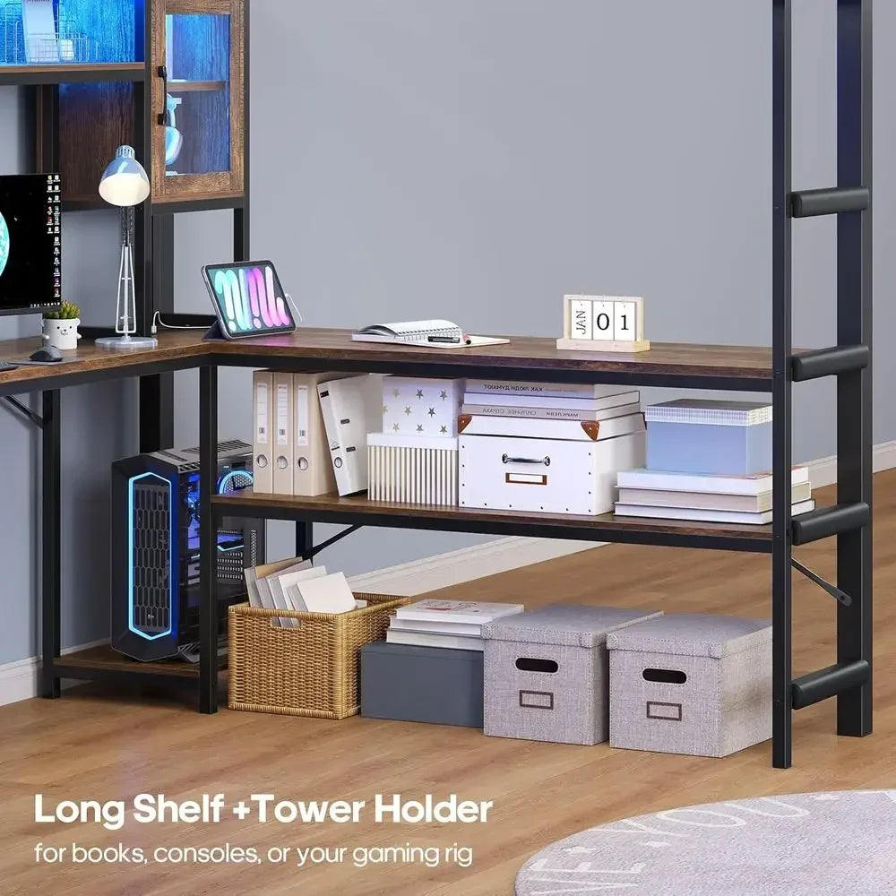 Full Size Gaming Loft Bed with Desk, Storage Drawers, Power Outlet, Metal Frame, RGB Lights, Space-Saving Design for Teens, Guar