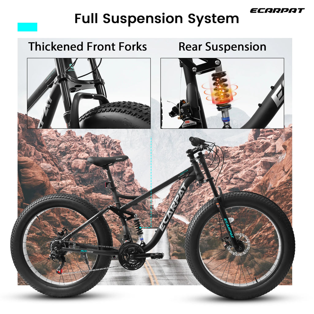 Fat Tire Mountain Bike 26 Inch, 21 Speed Dual Full Suspension, 4.0" Wide Non-Slip Big Fat Tire, Men Women Bicycles