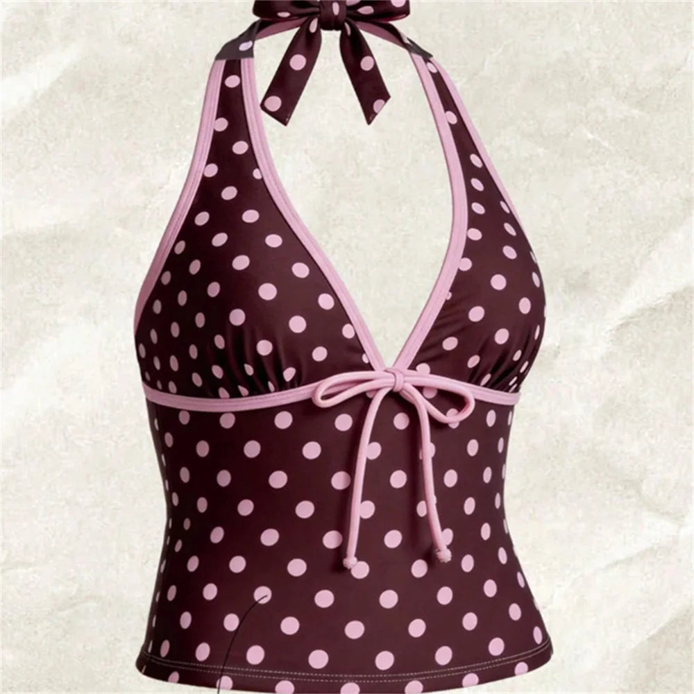 Kawaii Pink Dot Bikini Shorts Bowknot Halter Backless Swimsuit Deep V Swimwear Women's Bikinis and Tankinis Vacation Outfit Sets