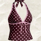 Kawaii Pink Dot Bikini Shorts Bowknot Halter Backless Swimsuit Deep V Swimwear Women's Bikinis and Tankinis Vacation Outfit Sets