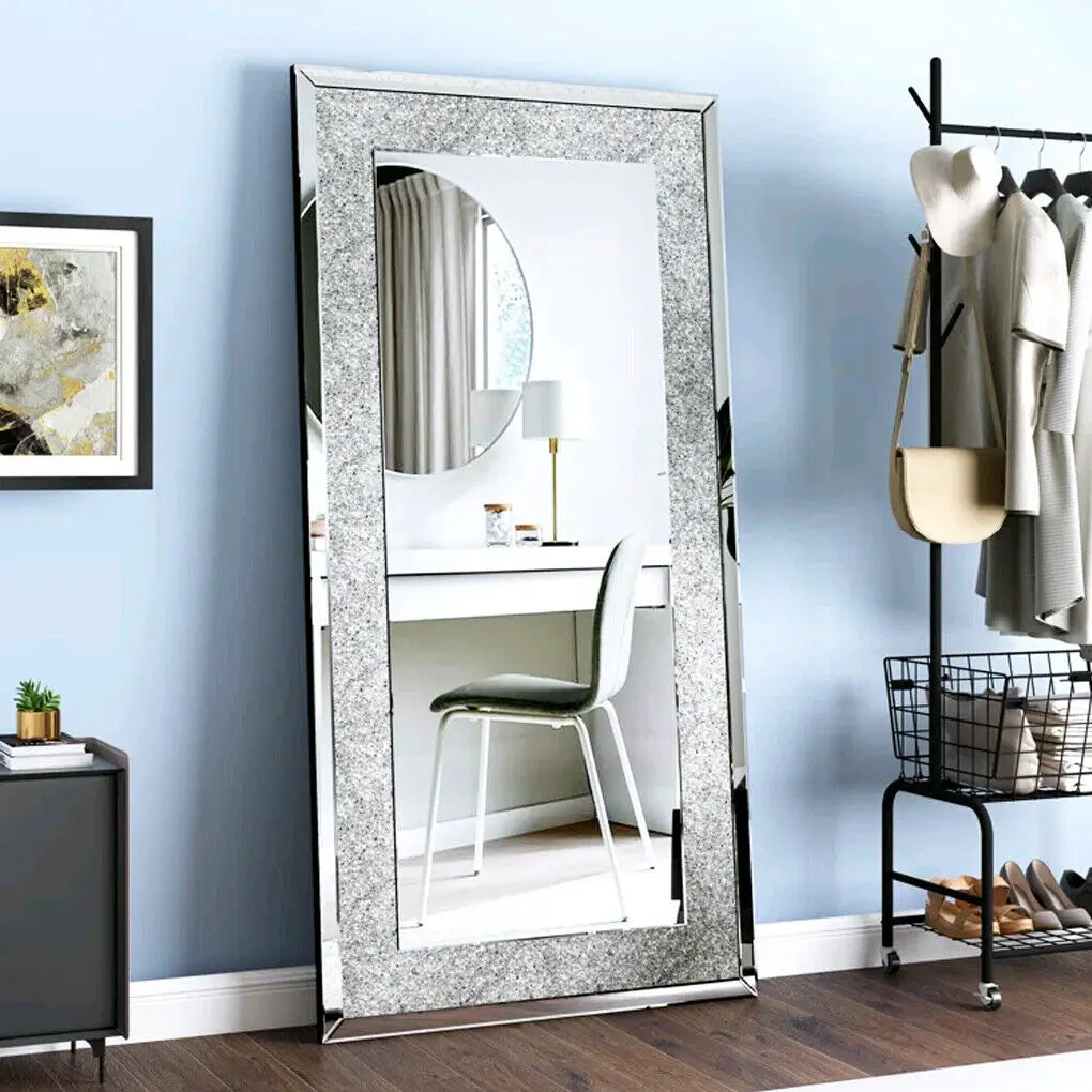LUVODI Large Vanity Mirror with Sparkly Crystal Rhinestone Diamond Frameless Wall Mounted Silver Dressing Mirror for Home/Hotel