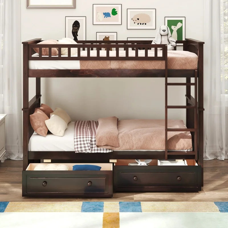 Espresso Twin Over Twin Bunk Bed with Storage Drawers, Convertible Design