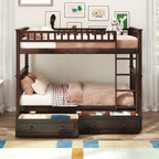Espresso Twin Over Twin Bunk Bed with Storage Drawers, Convertible Design