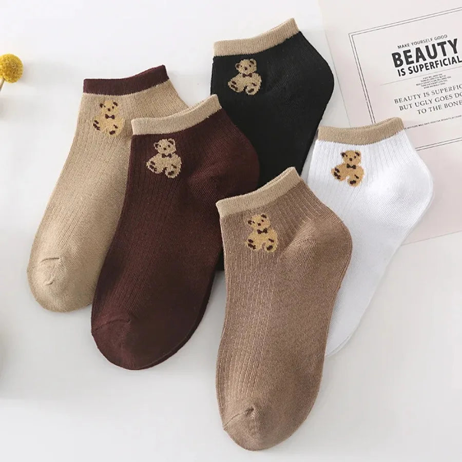 5 Pairs of Cute Teddy Bear WOMEN'S Short Socks with Shallow Mouthed Spring and Summer Casual Matching Short Tube Boat Socks
