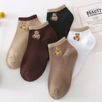 5 Pairs of Cute Teddy Bear WOMEN'S Short Socks with Shallow Mouthed Spring and Summer Casual Matching Short Tube Boat Socks
