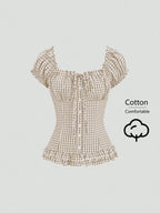 Womens Summer Solid White Ruffle Short Sleeve Blouse