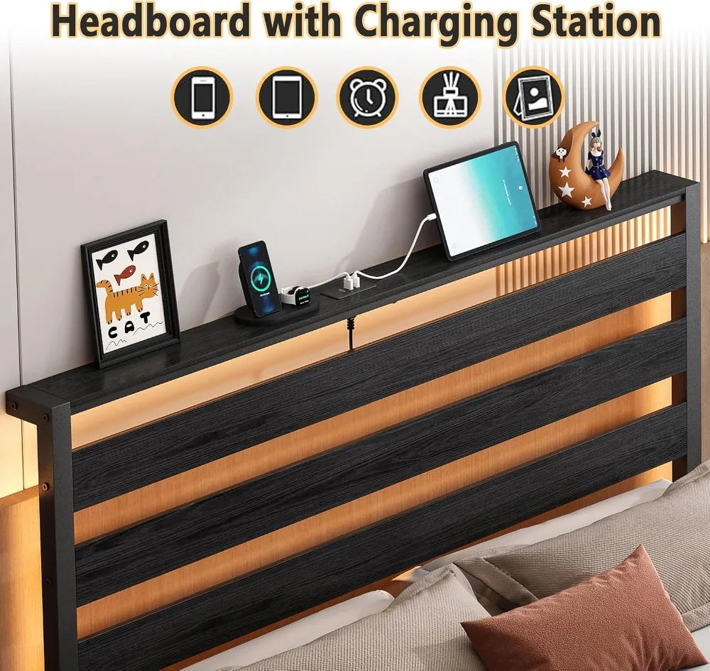 14 Inch Full Size Metal Platform Bed Frame with Headboard, LED & USB Charging, Steel Slats, No Box Spring Needed