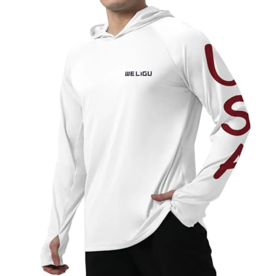 Mens UPF 50+ Fishing Shirts, Sun Protection Hoodie American Flag Long Sleeve UV Hiking Shirt Quick Dry SPF Rash Guard