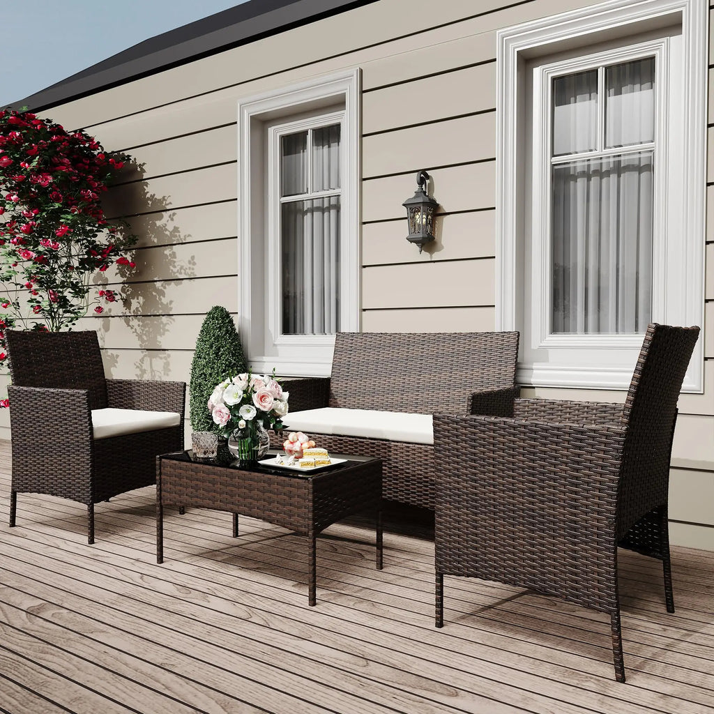 4 Piece Patio Furniture Set, Outdoor Rattan Bistro Set With Cushioned Sofa, 2 Chairs, Glass Table For Porch Backyard