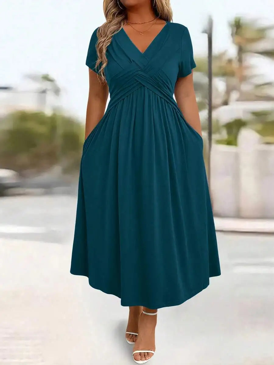 Plus Size Casual Solid V-Neck Cinched Waist A-Line Midi Dress With Pockets For Summer