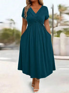 Plus Size Casual Solid V-Neck Cinched Waist A-Line Midi Dress With Pockets For Summer