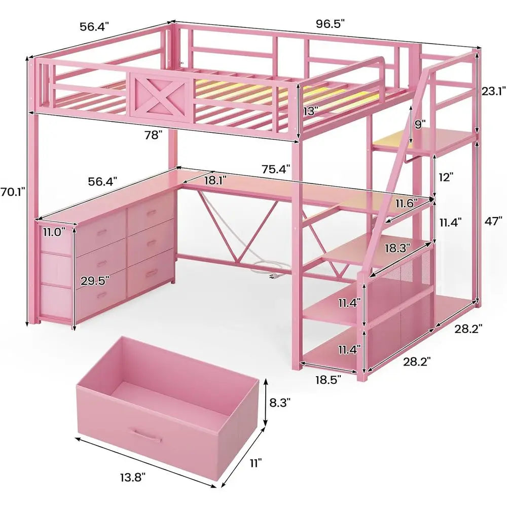 Full-Size Loft Bed with Desk, Storage Stairs, Metal Frame, Hall Tree, LED Lights, Power Outlet for Kids, Teens, Adults in Pink