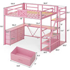 Full-Size Loft Bed with Desk, Storage Stairs, Metal Frame, Hall Tree, LED Lights, Power Outlet for Kids, Teens, Adults in Pink