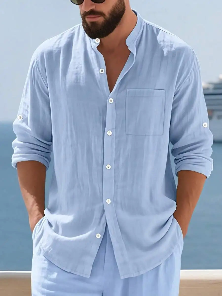 Mens Linen Stand Collar Long Sleeve Button-Up Shirt Loose Breathable Casual Beach Vacation Wear
