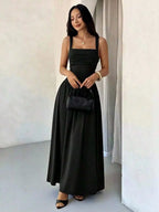Womens Elegant White Square Collar Sleeveless Maxi Dress With Shirred Body