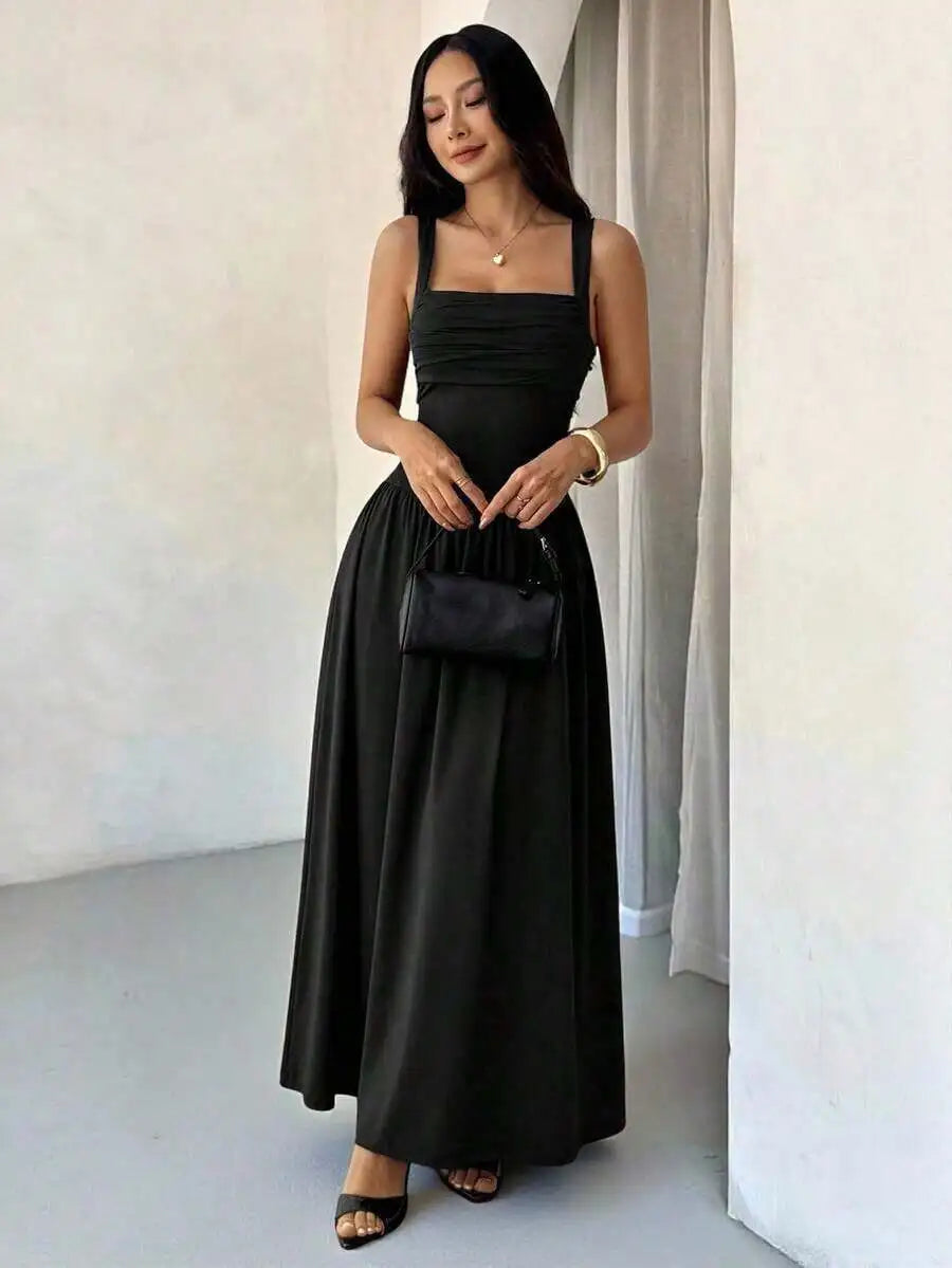 Womens Elegant White Square Collar Sleeveless Maxi Dress With Shirred Body