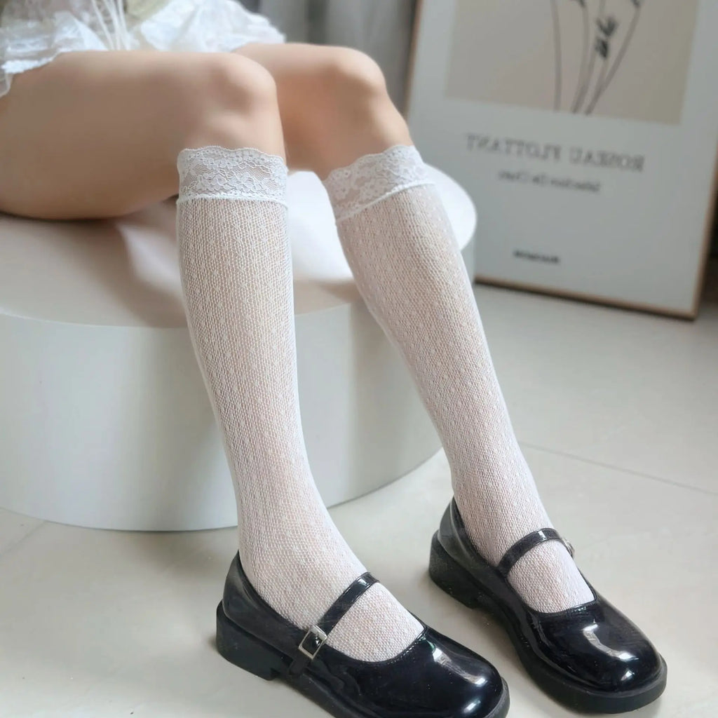Sheer Lace Knee High Socks for Women, Y2K Coquette Kawaii Mesh Long Tube Socks, Breathable Stretchy Hosiery, 10 Colors to Choose.