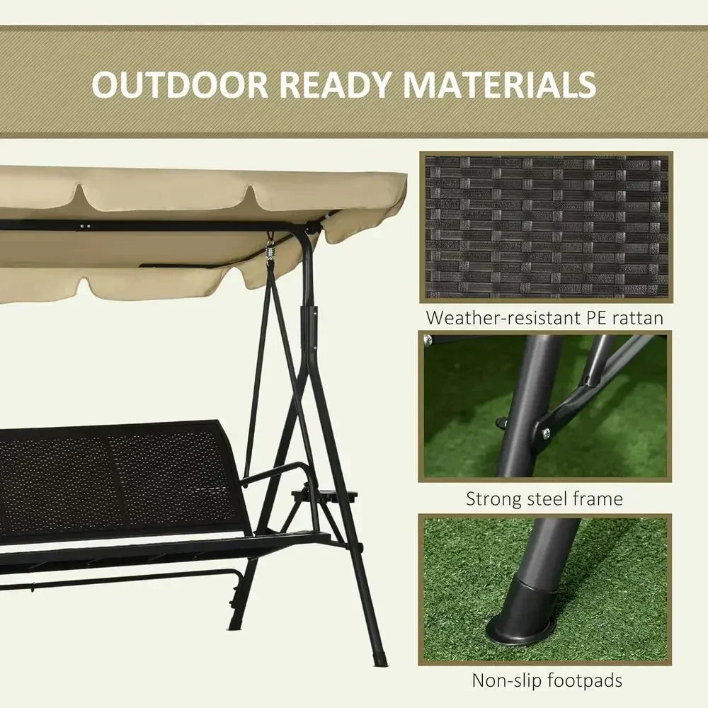 3-Seat Outdoor Swing with Adjustable Shade, Removable Cushion, and Rattan Seat for Garden, Porch, Backyard, Poolside