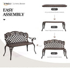 42.5 Outdoor Metal Garden Bench, Antique Irish Style, Cast Iron & Aluminum, Seats 2-3