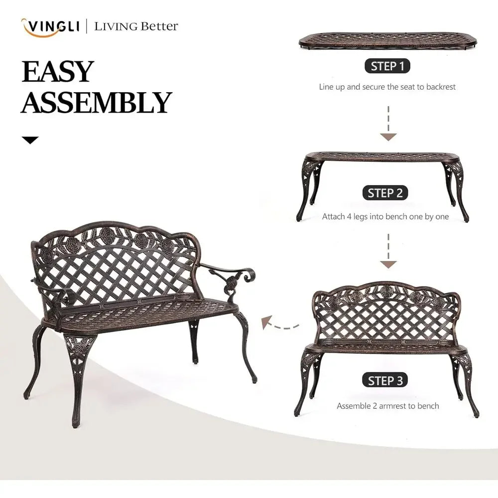 42.5 Outdoor Metal Garden Bench, Antique Irish Style, Cast Iron & Aluminum, Seats 2-3